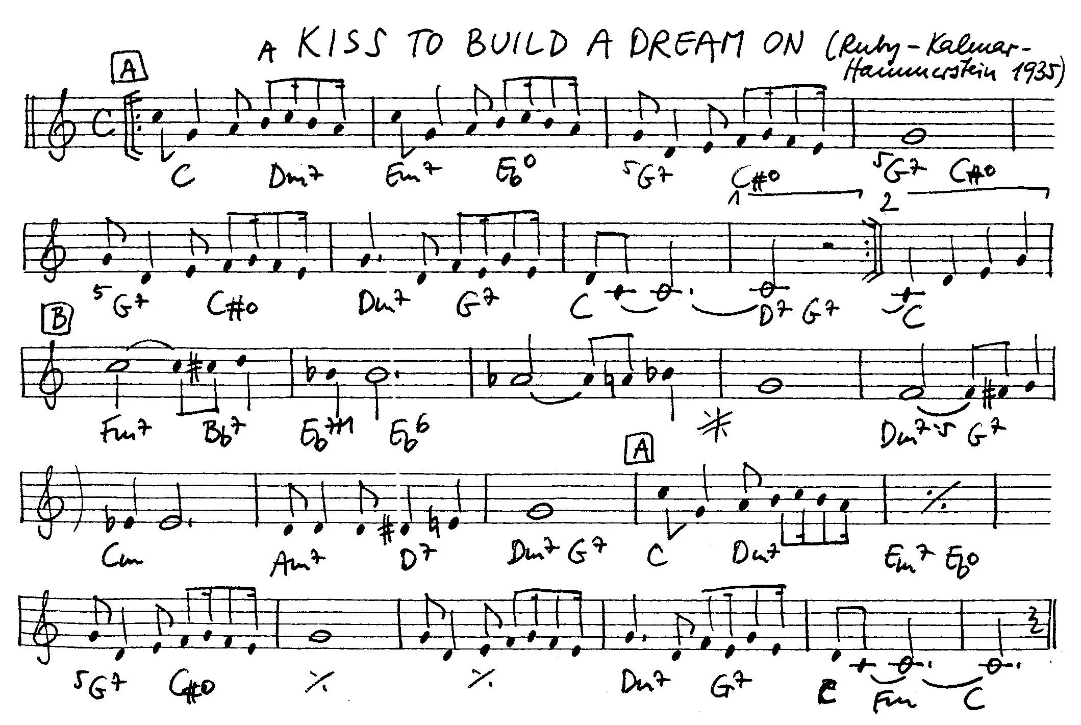 a kiss to build a dream on free jazz leadsheet - Courtesy of the Jungle Jazz Band
